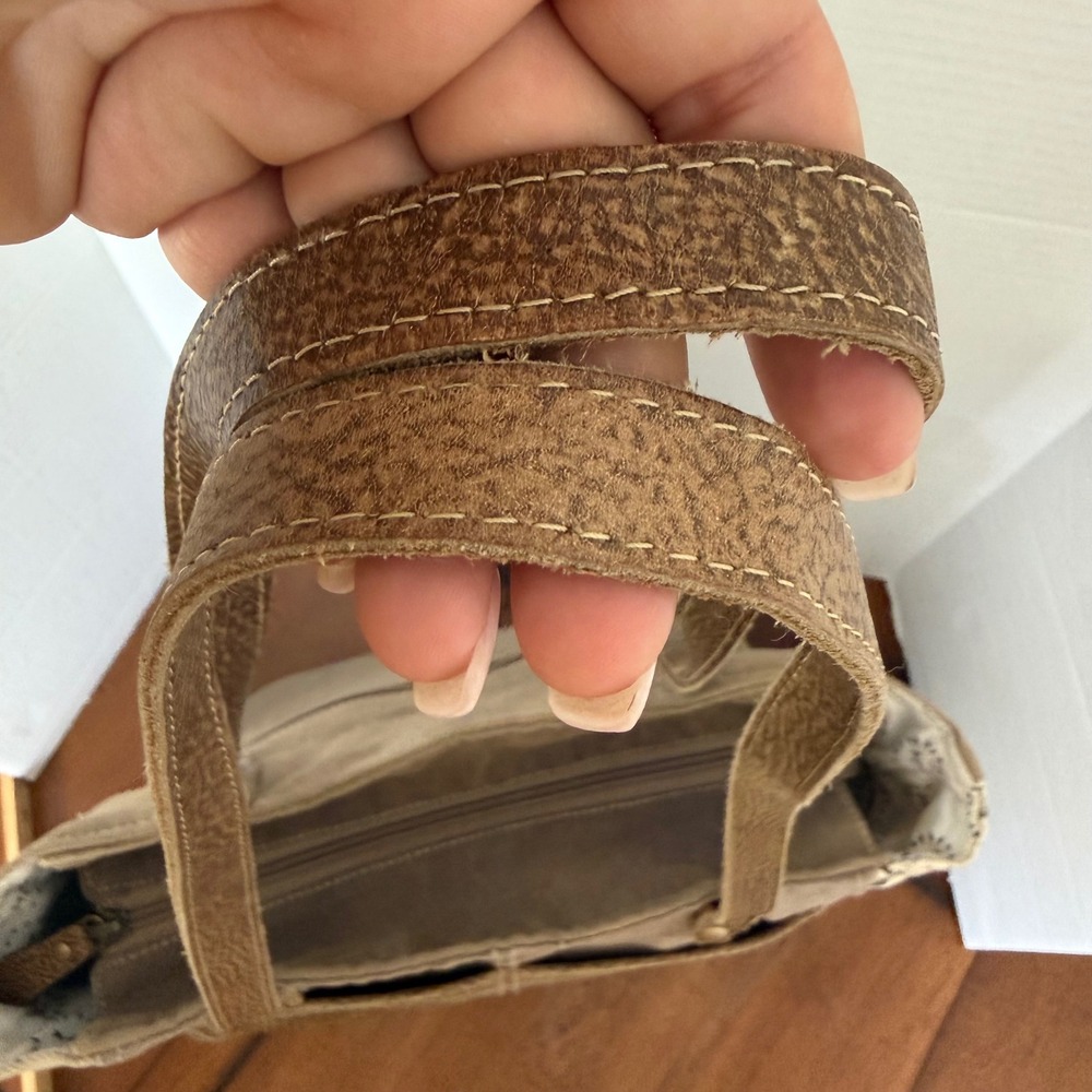 Myra Bag Canvas Leather Patchwork Tote Shoulder Bag Brown Tan Botanical Print - Picture 10 of 12